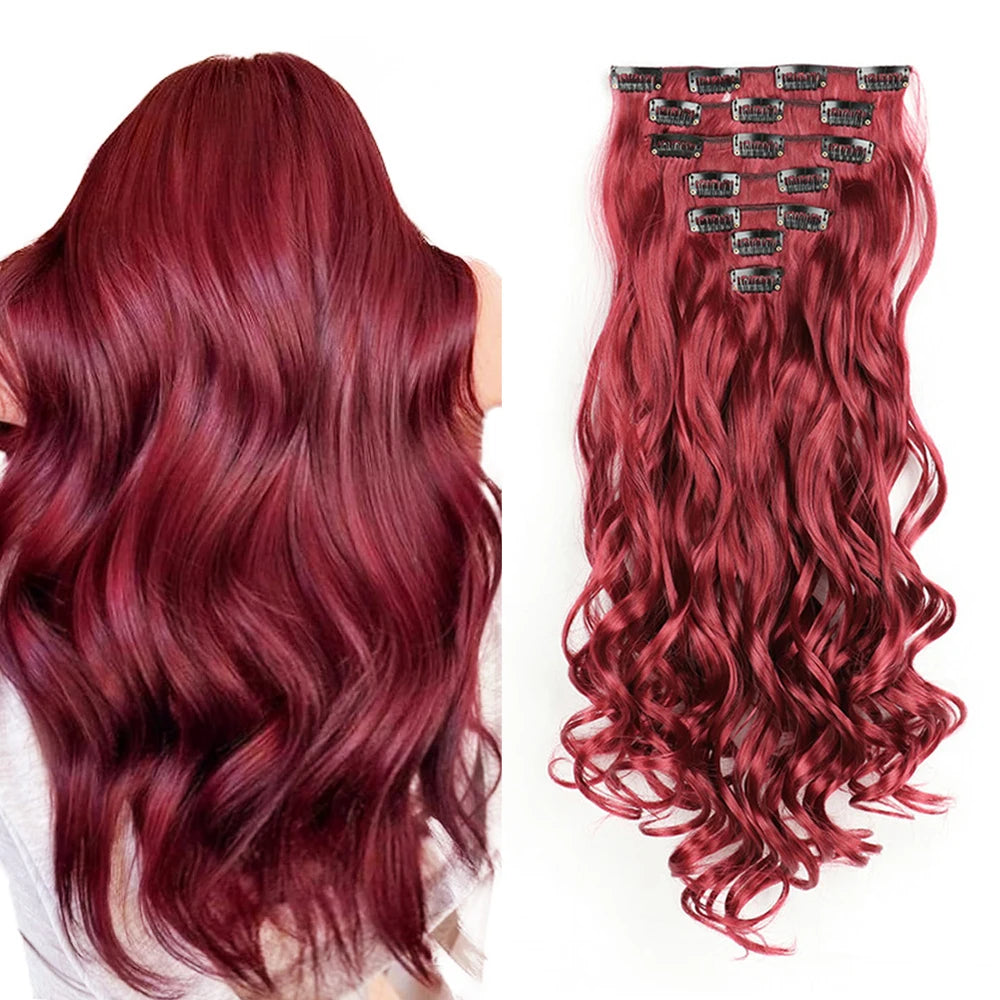 22 Inch Long Curly Wavy Synthetic Hair Clip In Hair Extensions 7 PCS Full Head