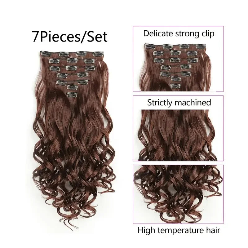 22 Inch Long Curly Wavy Synthetic Hair Clip In Hair Extensions 7 PCS Full Head