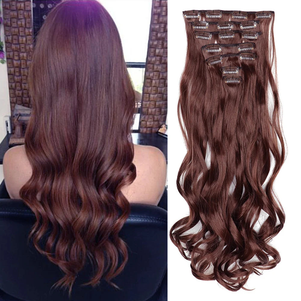 22 Inch Long Curly Wavy Synthetic Hair Clip In Hair Extensions 7 PCS Full Head