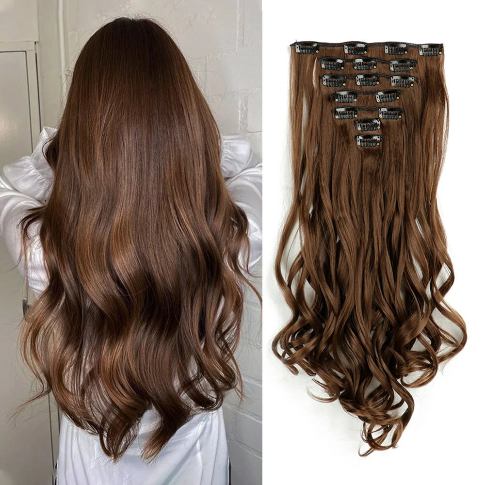 22 Inch Long Curly Wavy Synthetic Hair Clip In Hair Extensions 7 PCS Full Head