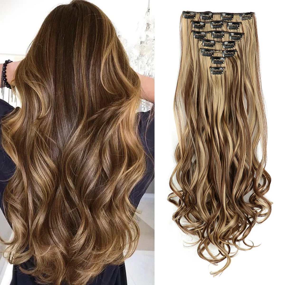 22 Inch Long Curly Wavy Synthetic Hair Clip In Hair Extensions 7 PCS Full Head