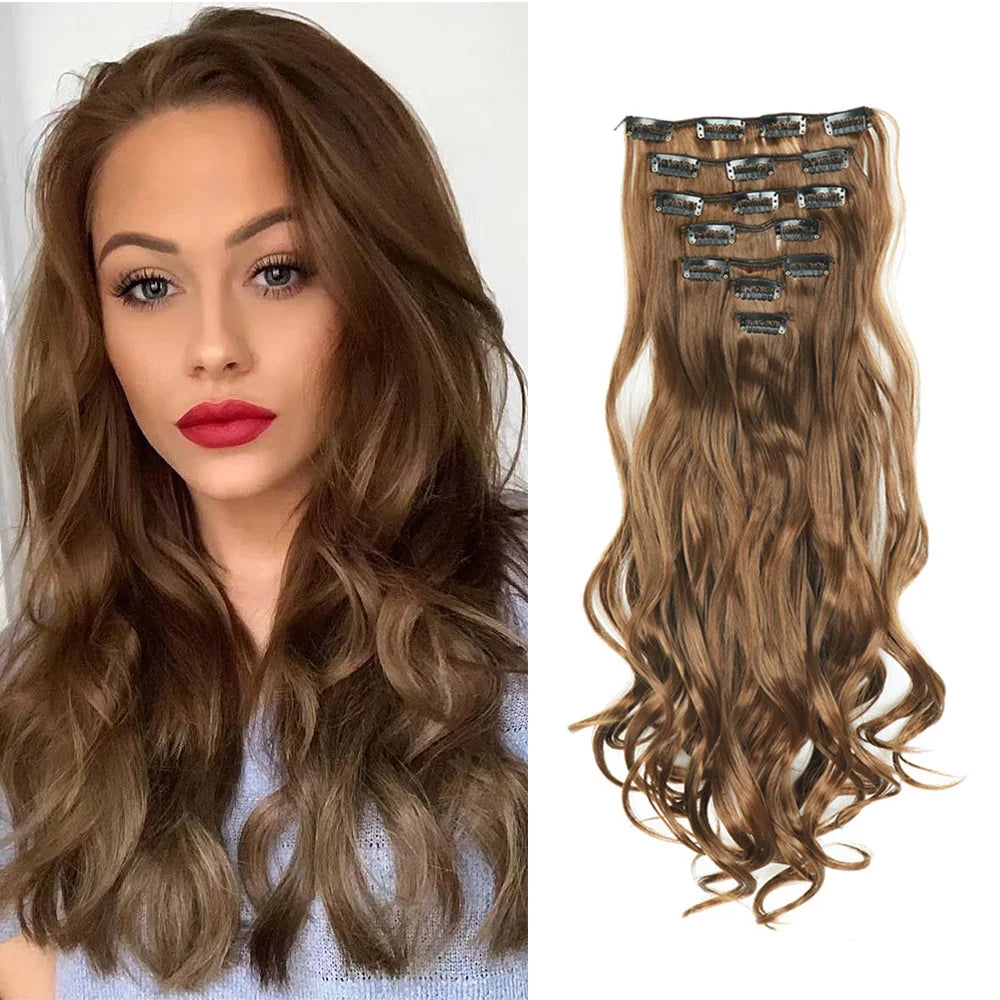 22 Inch Long Curly Wavy Synthetic Hair Clip In Hair Extensions 7 PCS Full Head