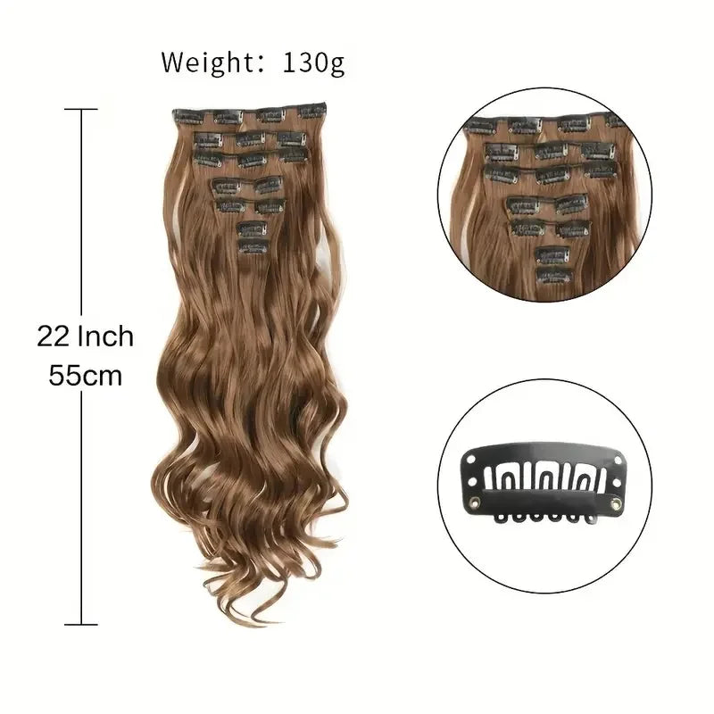 22 Inch Long Curly Wavy Synthetic Hair Clip In Hair Extensions 7 PCS Full Head