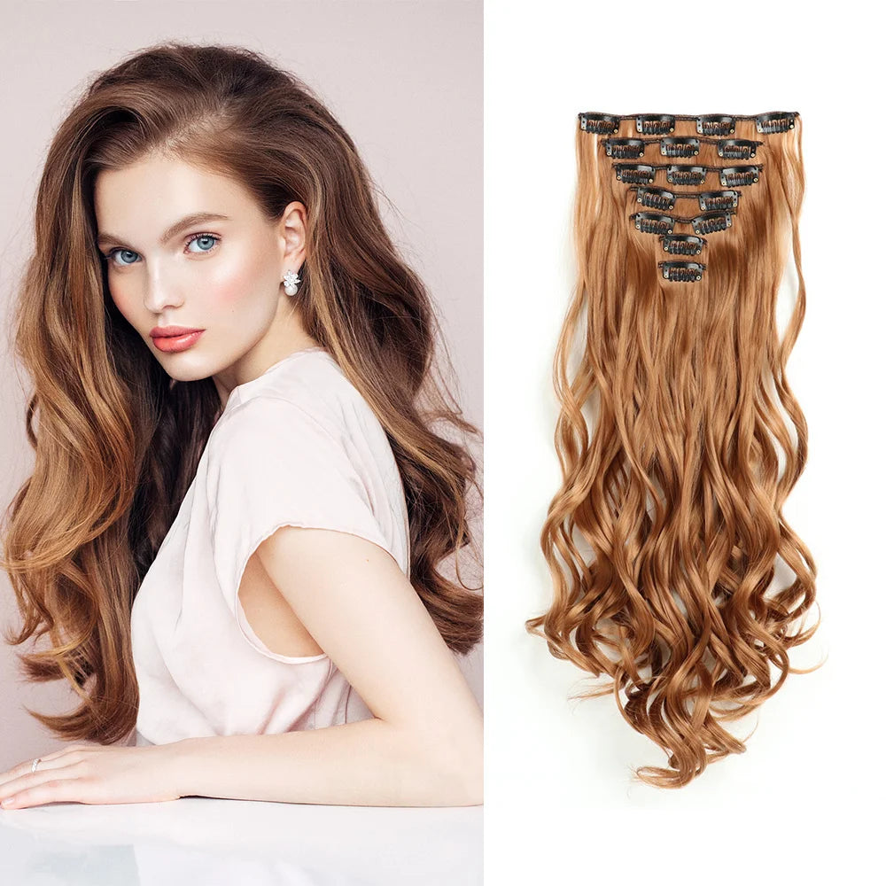 22 Inch Long Curly Wavy Synthetic Hair Clip In Hair Extensions 7 PCS Full Head