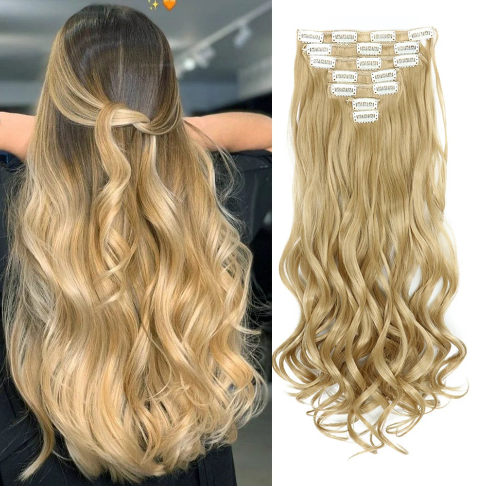 22 Inch Long Curly Wavy Synthetic Hair Clip In Hair Extensions 7 PCS Full Head