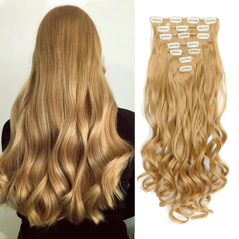 22 Inch Long Curly Wavy Synthetic Hair Clip In Hair Extensions 7 PCS Full Head